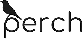 Black silhouette of a bird perched on the letter 'p' in the word 'perch' in lowercase.