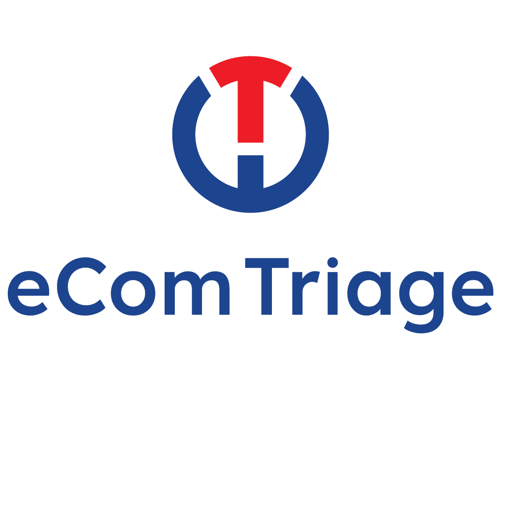 eCom Triage logo featuring a red stylized T inside a blue circular design above the text 'eCom Triage'.
