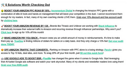 Screenshot of a webpage listing five marketing strategies to boost Amazon PPC revenue, including offers for discounts, free audits, and tools like Incrementum Digital, Stack Influence, TrueOps, Perch+, and PixelMe.