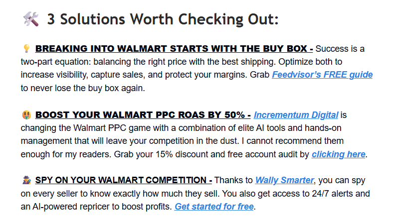 Text listing 3 solutions for Walmart sellers: breaking into Walmart starts with the Buy Box, boosting Walmart PPC ROAS by 50%, and spying on Walmart competition with AI tools and discounts.