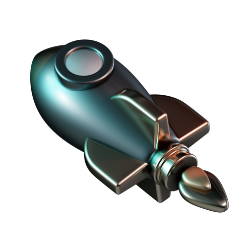 Metallic 3D rocket icon with fins and a rounded body, shown from an angled top view.