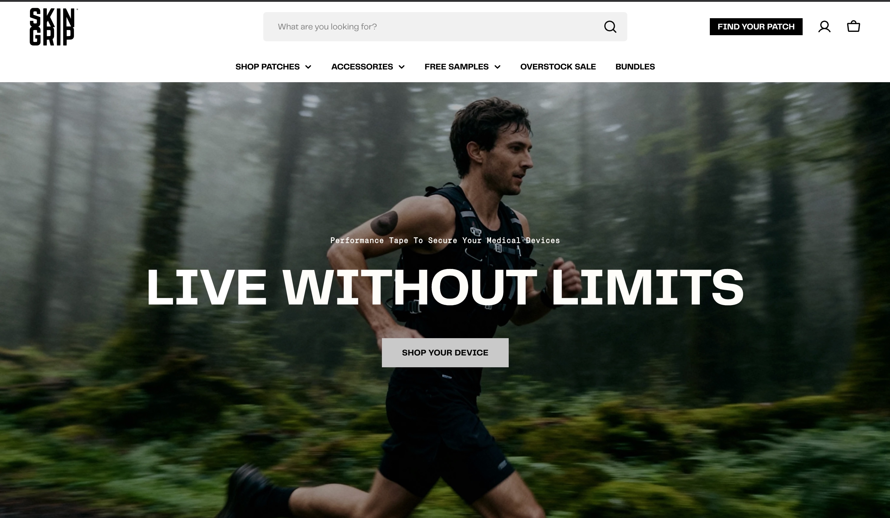 Man wearing a black tank top with a camo adhesive patch on his upper arm, with text saying 'Live Without Limits, Adhesive Tape To Secure Your Devices'.