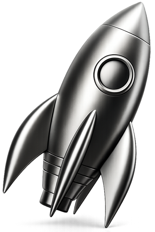 Metallic 3D rocket icon with fins and a rounded body, shown from an angled top view.