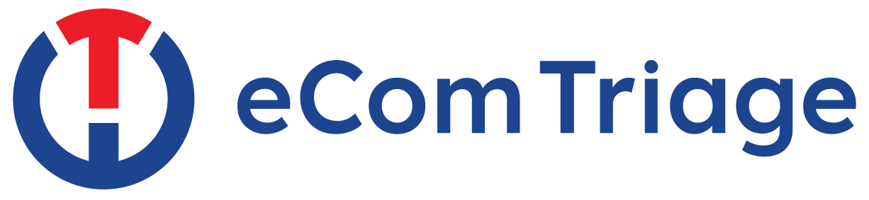 eCom Triage logo featuring a red stylized T inside a blue circular design above the text 'eCom Triage'.