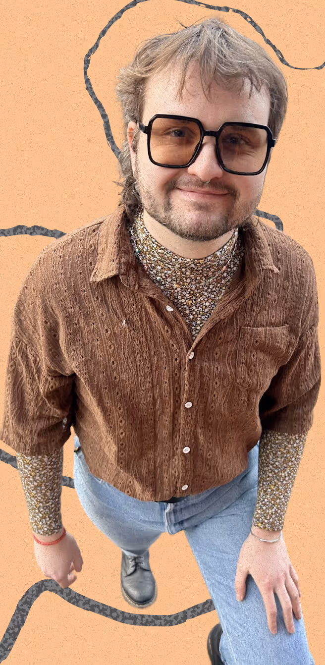 Jay Molloy portrait image with orange background and wavy grey wisp