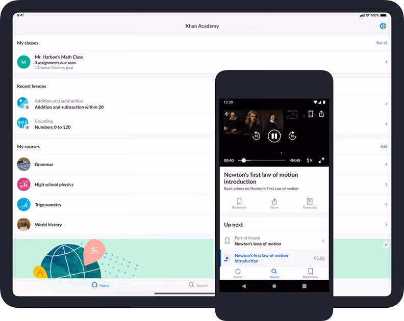Tablet and phone showing Khan Academy lessons and courses including math, physics, history, and a video lesson.