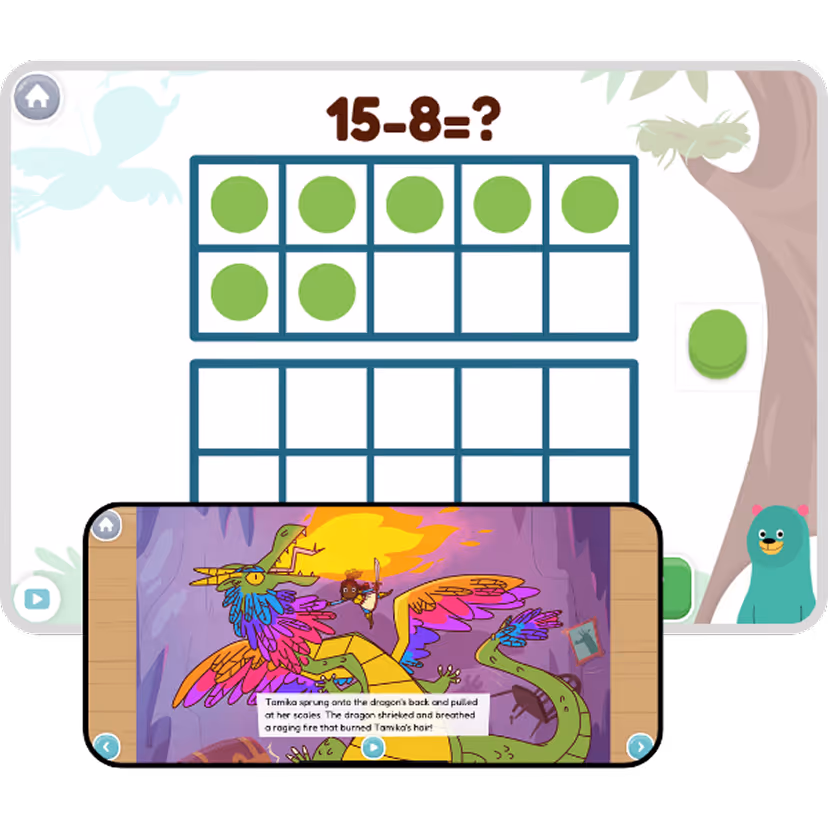 Math subtraction game screen showing 15 minus 8 with green dots and a colorful dragon storybook overlay.