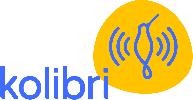 Kolibri logo with stylized blue hummingbird and sound waves inside a yellow shape.