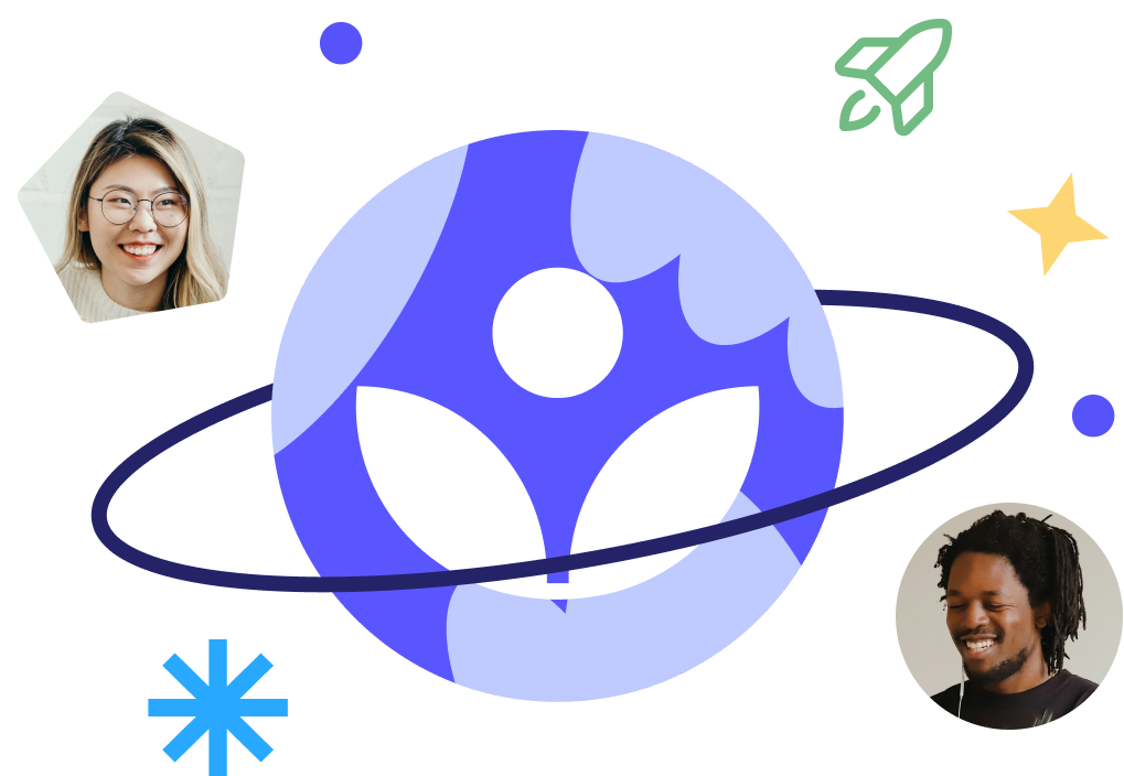 Illustration of a stylized person orbiting a purple planet, with smiling portraits and space icons.
