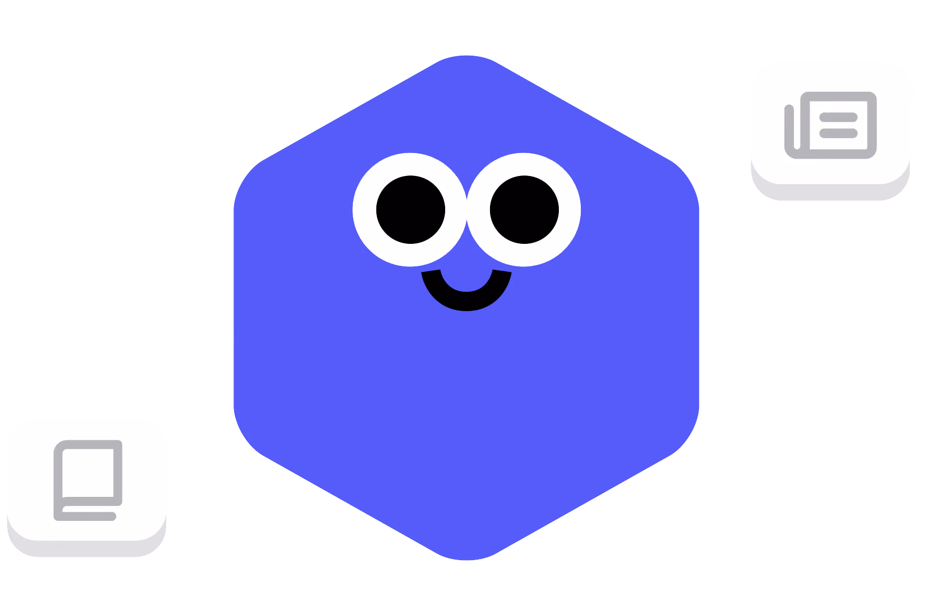 Blue hexagon with cartoon eyes and smiling mouth, flanked by two gray square icons.