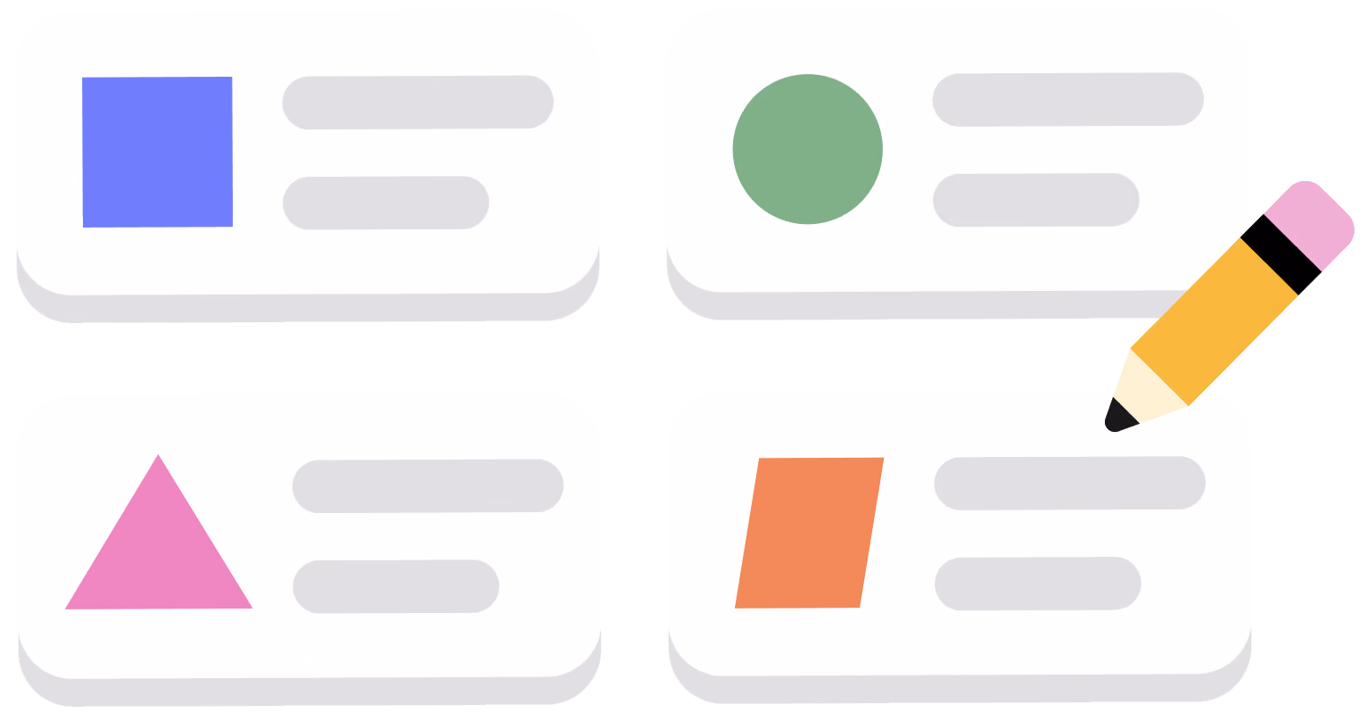 Four cards with different colored shapes and lines, a pencil over the top right card.