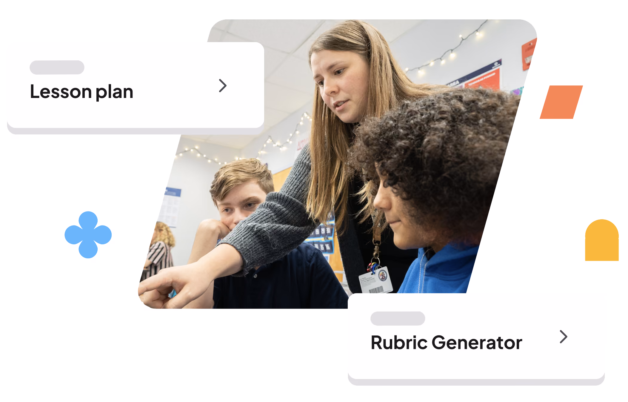 Teacher assisting two students in class with lesson plan and rubric generator options visible.