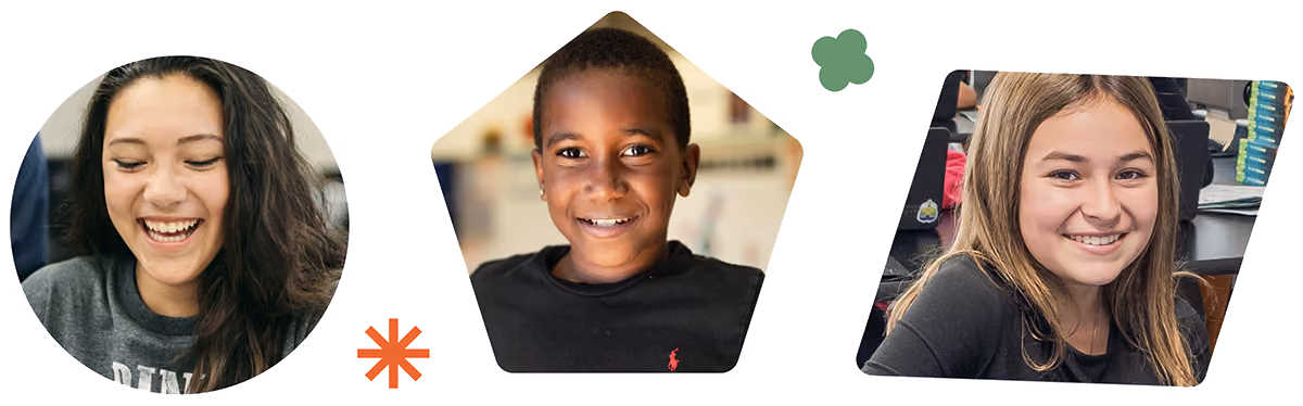 Three smiling children in circular, pentagon, and tilted square frames on white background.