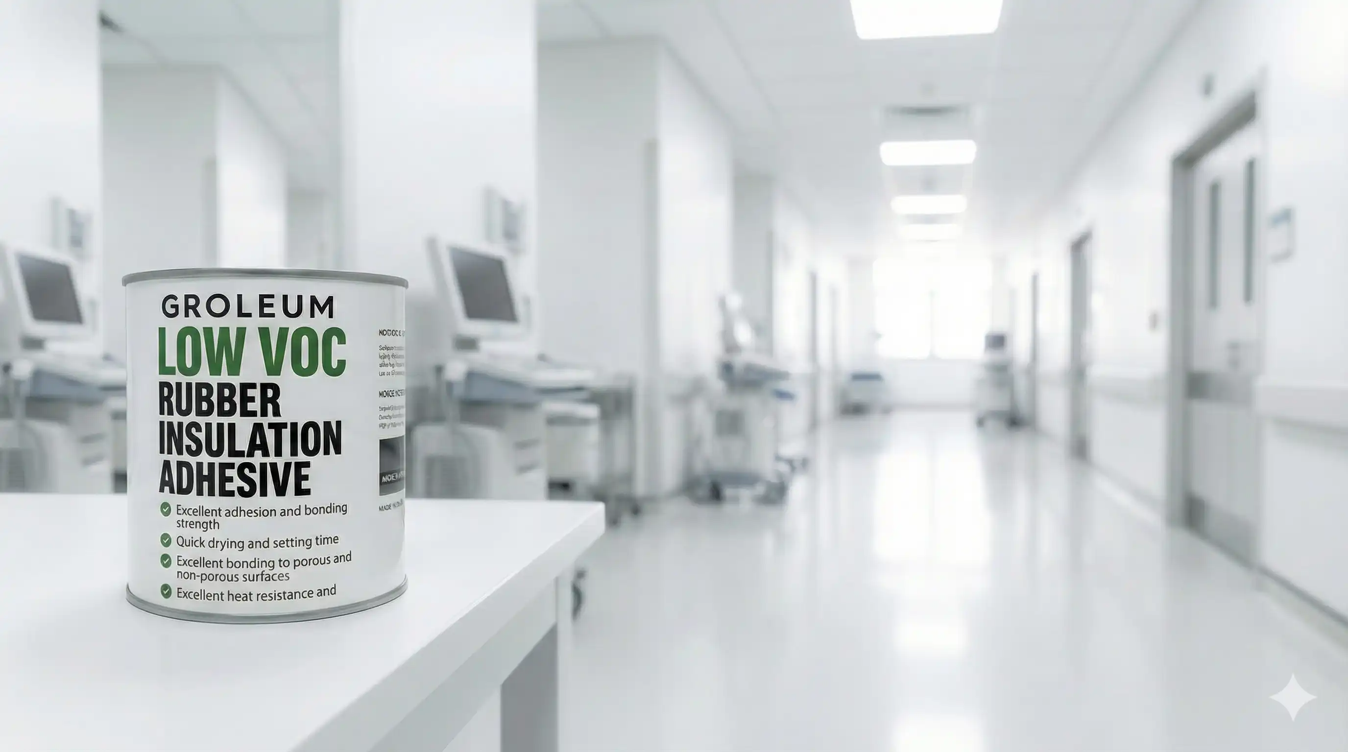 Can of GroLeum Low VOC rubber insulation adhesive on a white table in a bright, modern medical hallway.