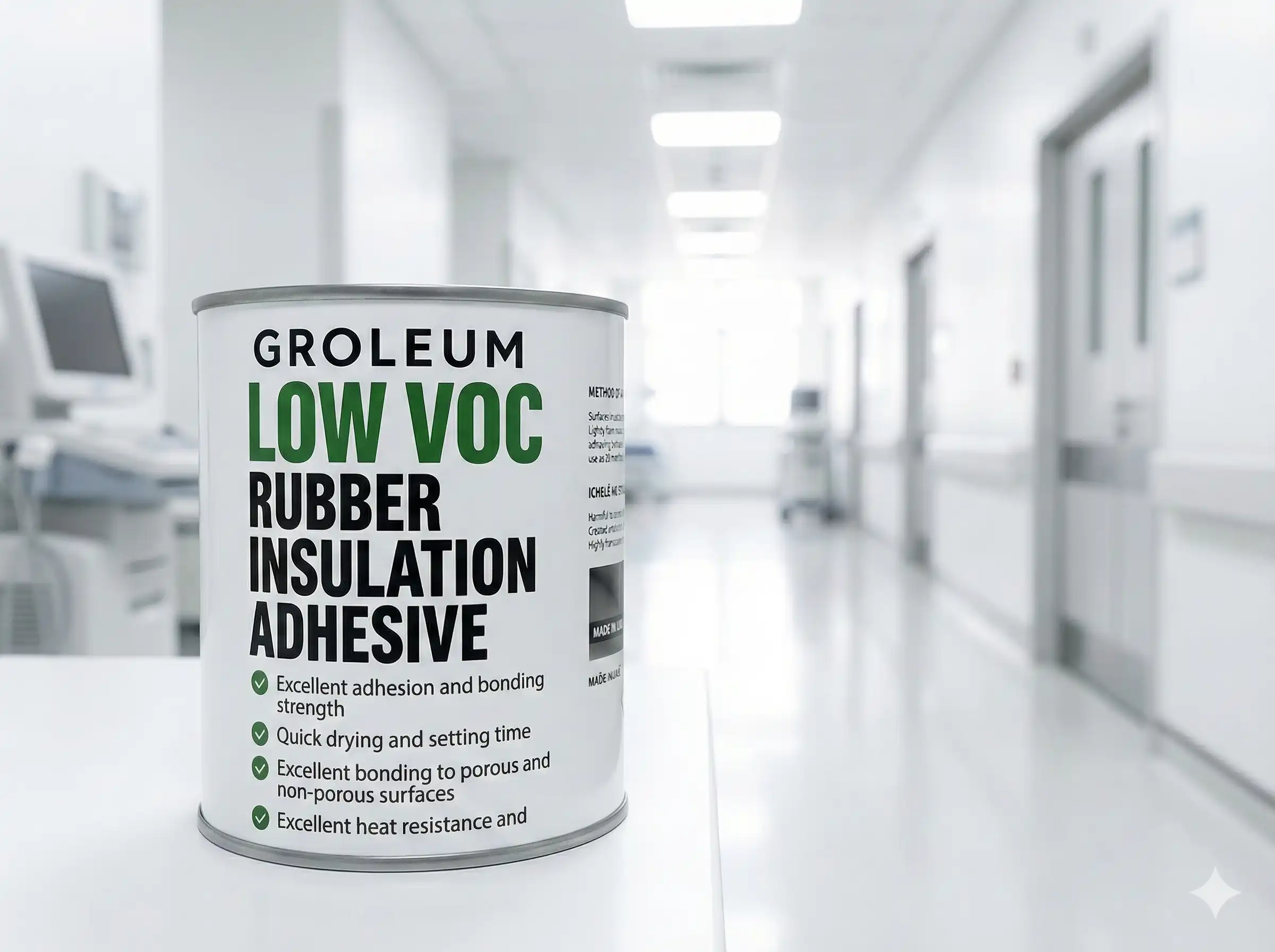 Can of GROLEUM Low VOC Rubber Insulation Adhesive with a list of features on the label on a white surface in a clean, bright hallway.