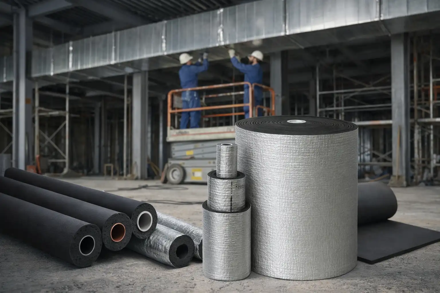 Construction site with various foam pipe insulation tubes and rolls in foreground and two workers in blue coveralls and white helmets working on ductwork in background.