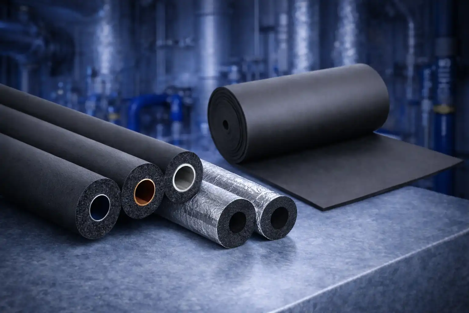 Rolls and sections of black foam pipe insulation with some foil-wrapped, placed on a blue surface in an industrial setting.