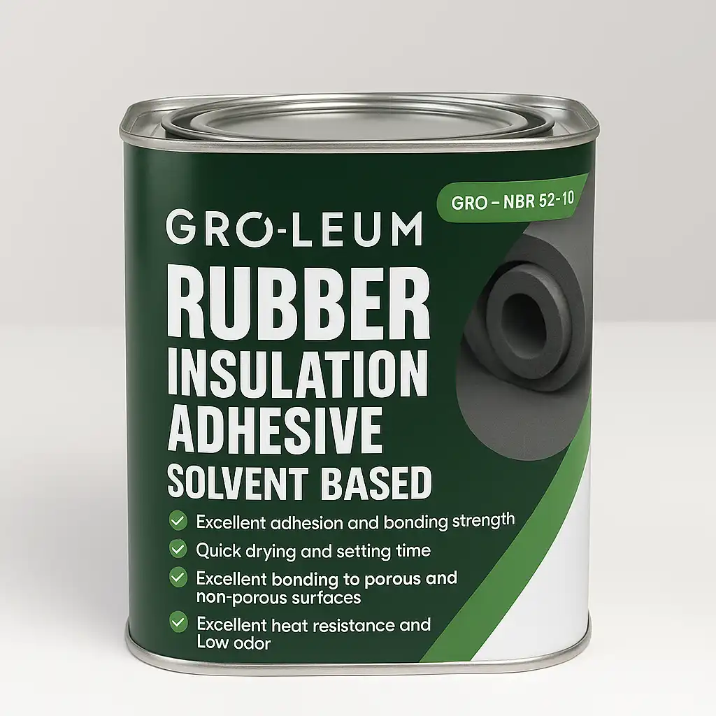 Can of Gro-Leum rubber insulation adhesive, solvent based, with product features listed on a green label.