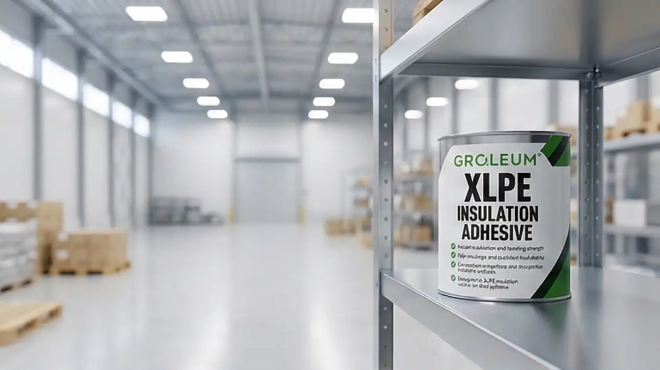 Can of GRO.LEUM XLPE insulation adhesive on a metal shelf in a large, empty warehouse.