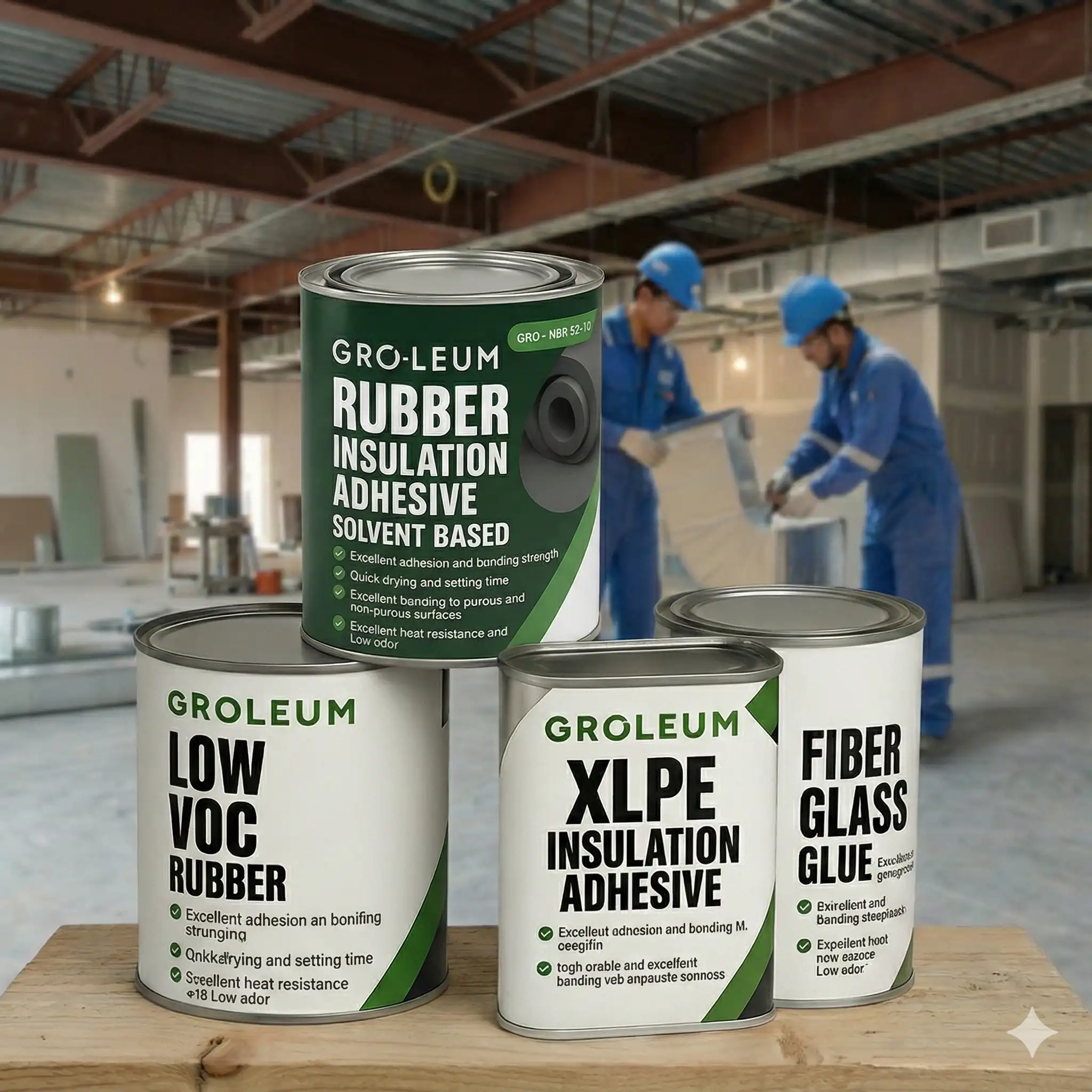 Four cans of Gro-Leum adhesive products including Rubber Insulation Adhesive, Low VOC Rubber, XLPE Insulation Adhesive, and Fiberglass Glue, displayed on a wooden surface in a construction site with workers in blue uniforms in the background.
