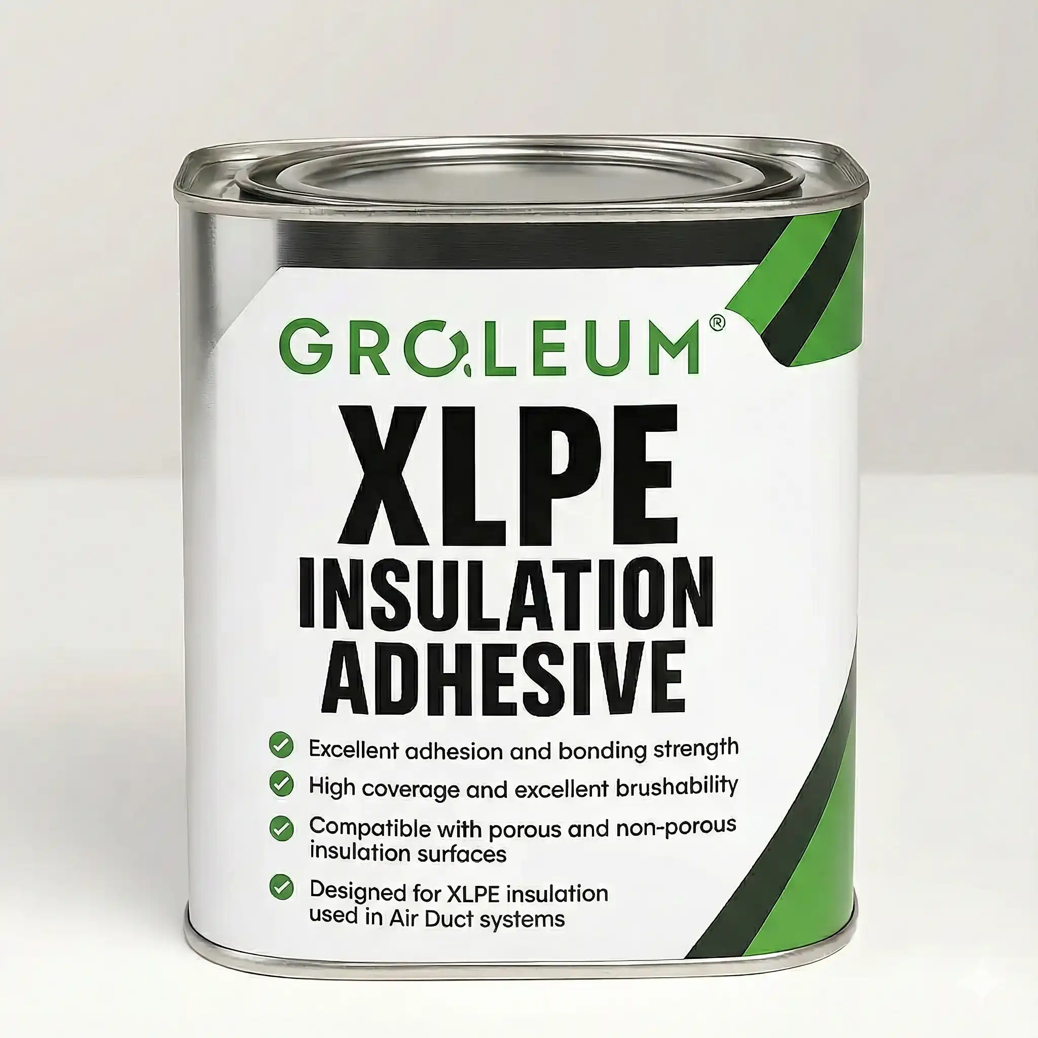 Can of GRO.LEUM XLPE insulation adhesive with product benefits listed on the label.