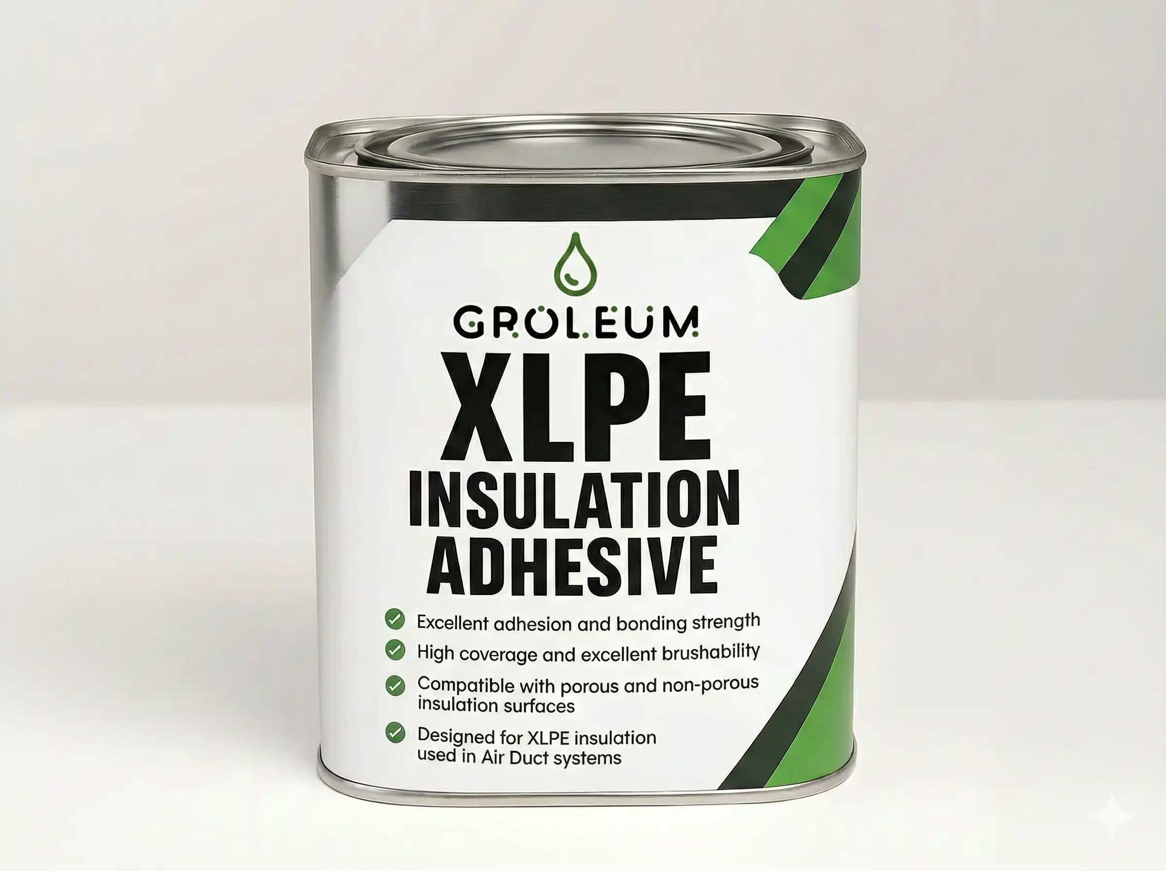 Metal container of GRO.LEUM XLPE insulation adhesive with product features listed.