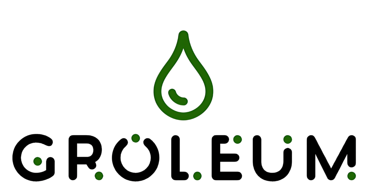 Grolium logo featuring a green outlined droplet above stylized black text with green dots inside and around the letters.