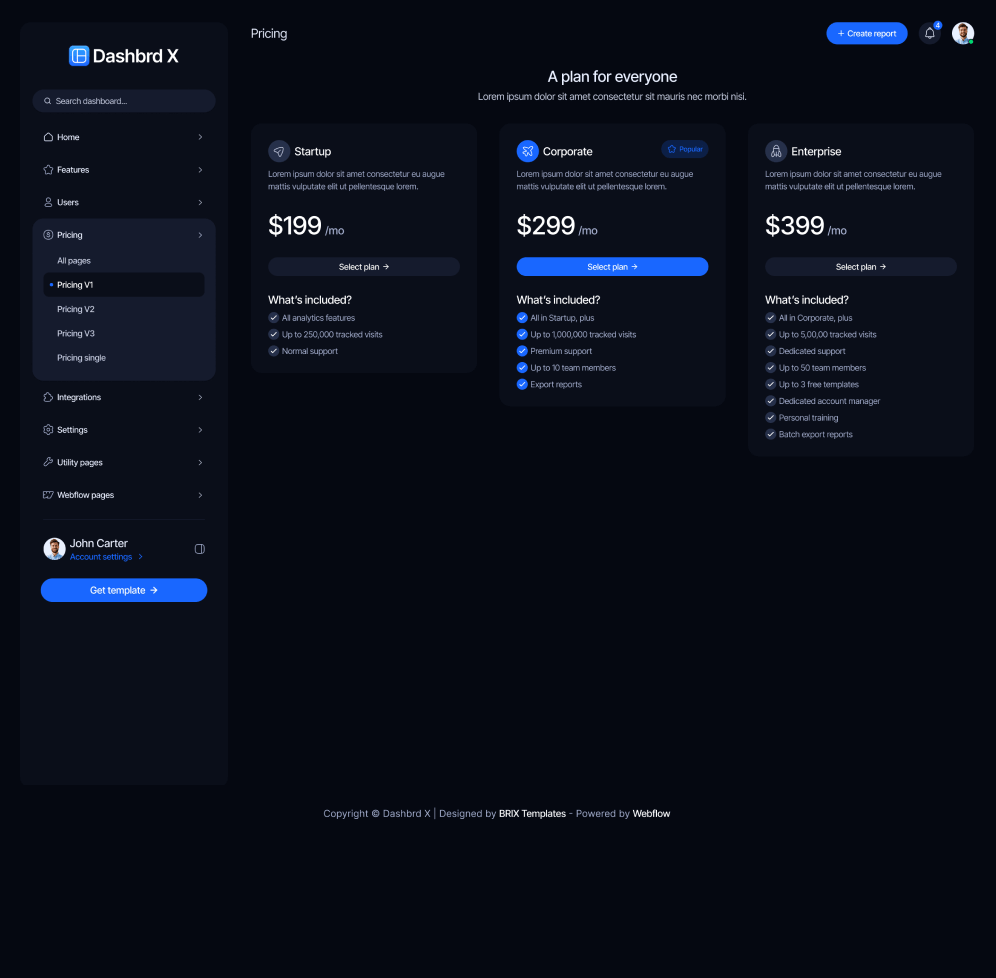 Dashbrd X - Pricing V1 Page - Dashboard Webflow Template