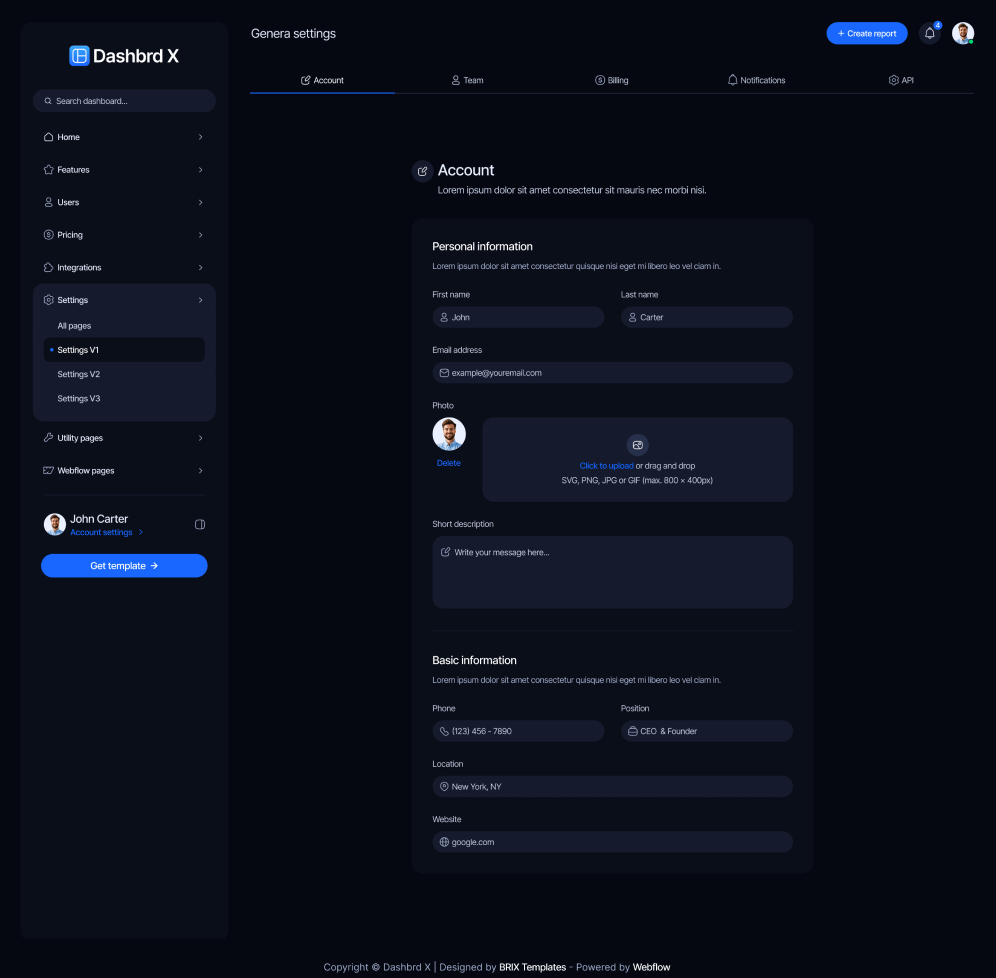 Dashbrd X - Settings V1 Page - Dashboard Webflow Template