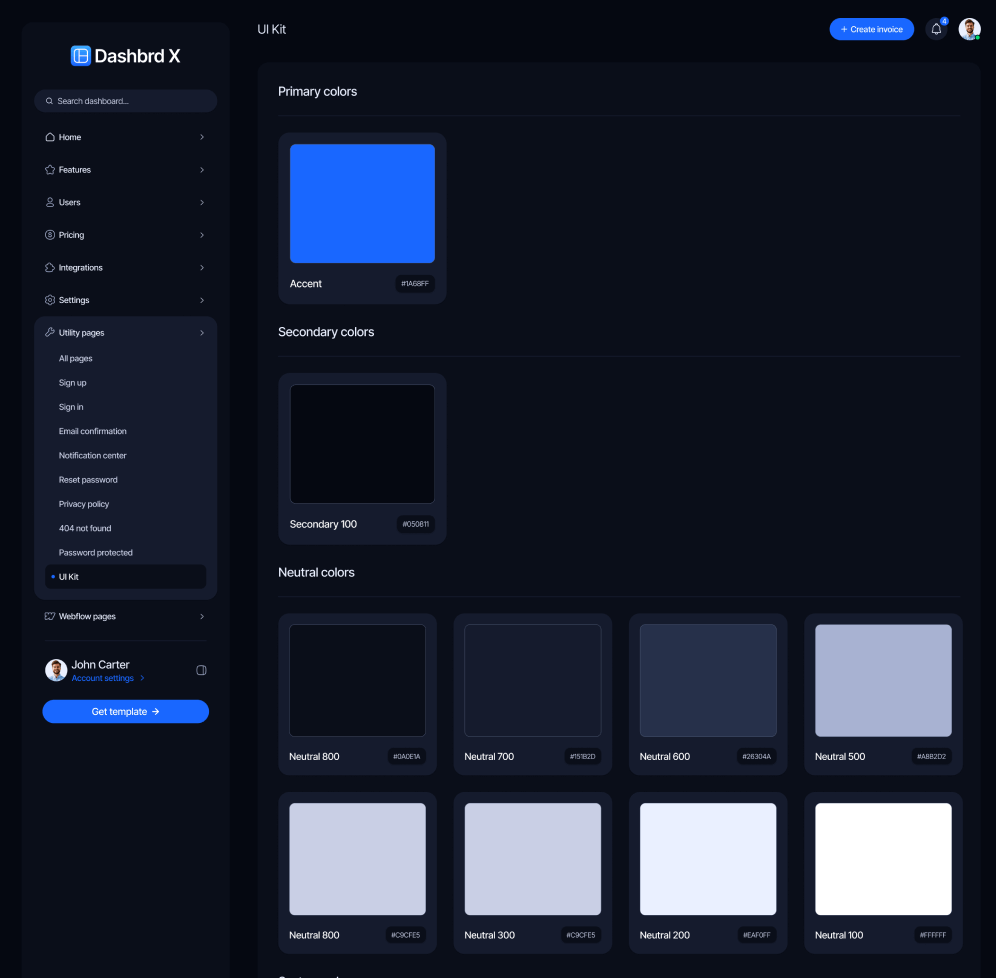 Dashbrd X - Styleguide Page - Dashboard Webflow Template