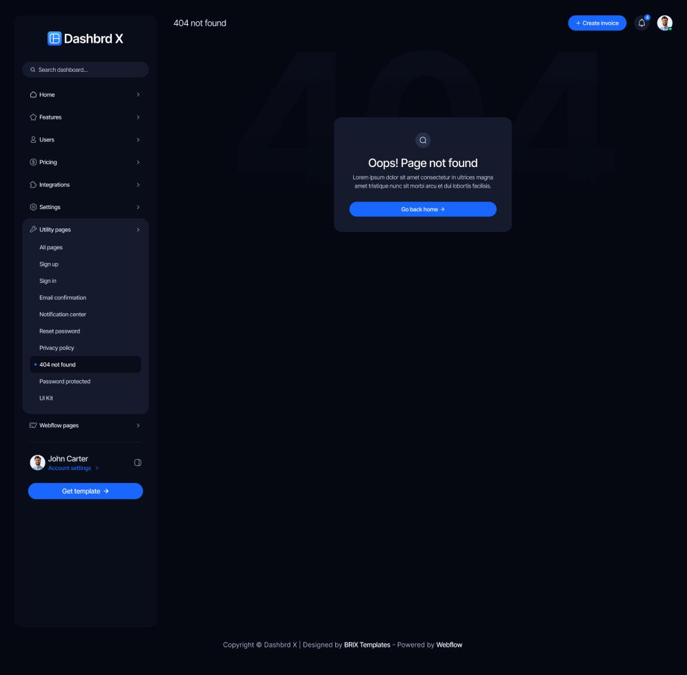 Dashbrd X - 404 Not Found Page - Dashboard Webflow Template