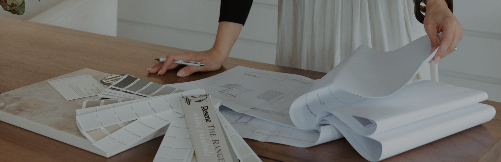 Pearl Interiors, close up of desk, and color swatches