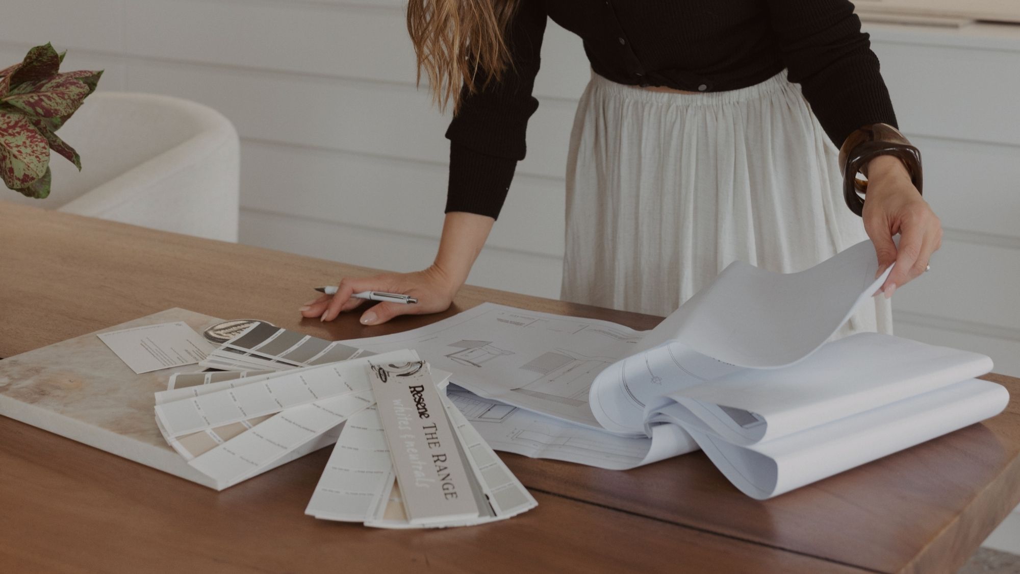 Pearl Interiors, close up of desk, and color swatches