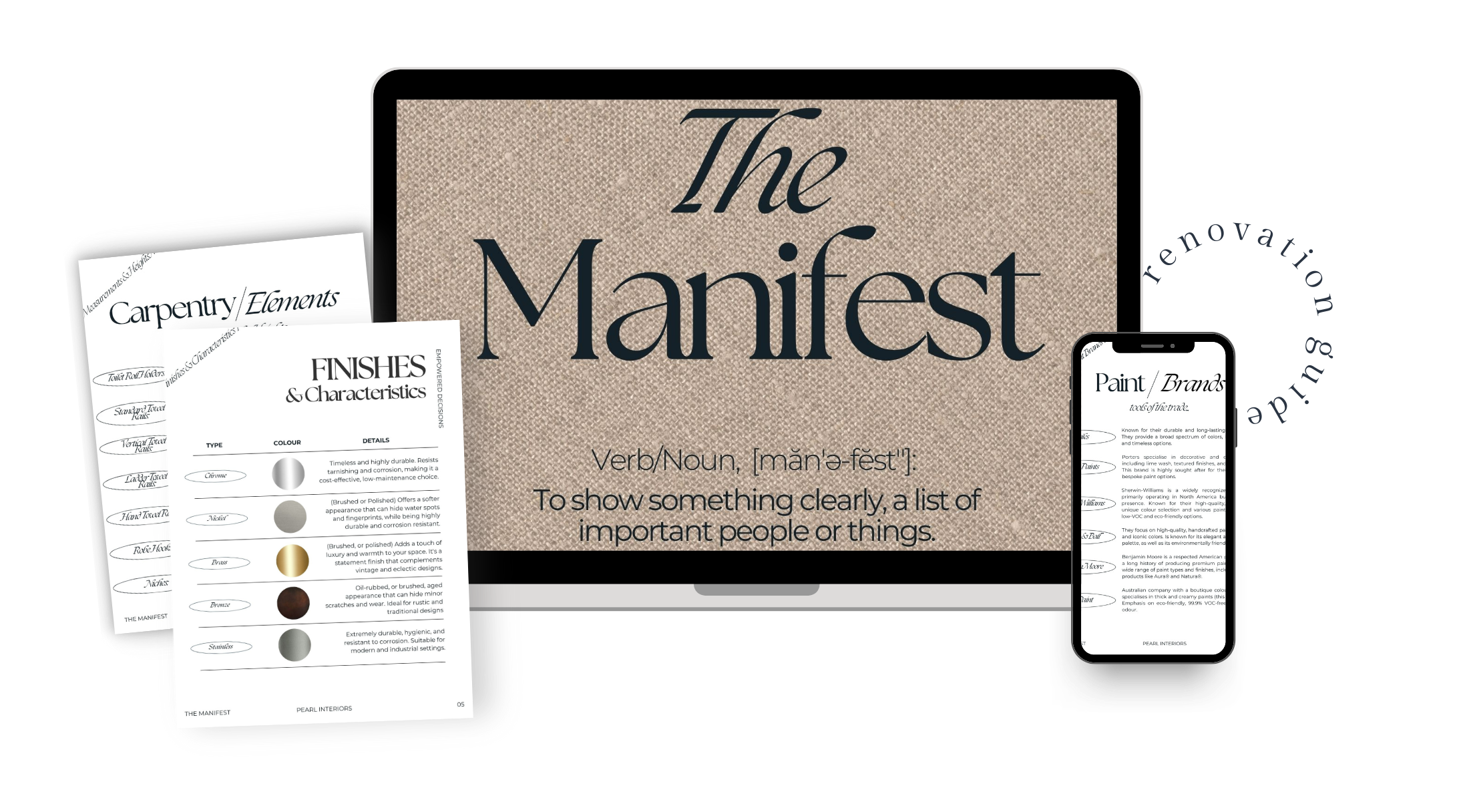 The Manifest guidebook shown on laptop, tablet pages and phone