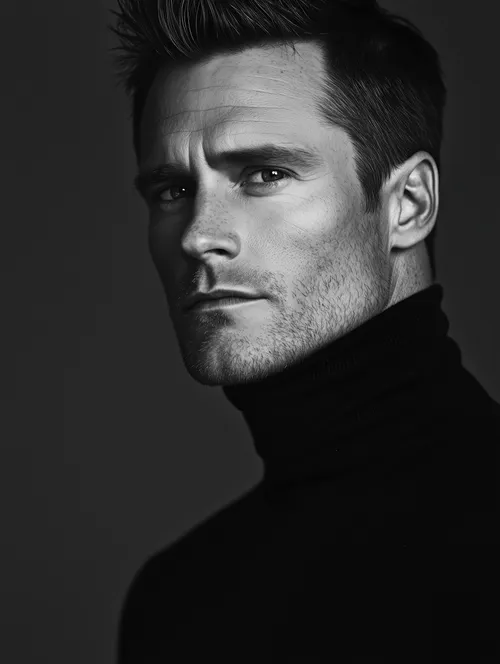 Black and white portrait of a serious man with short hair wearing a black turtleneck, looking slightly to the side.