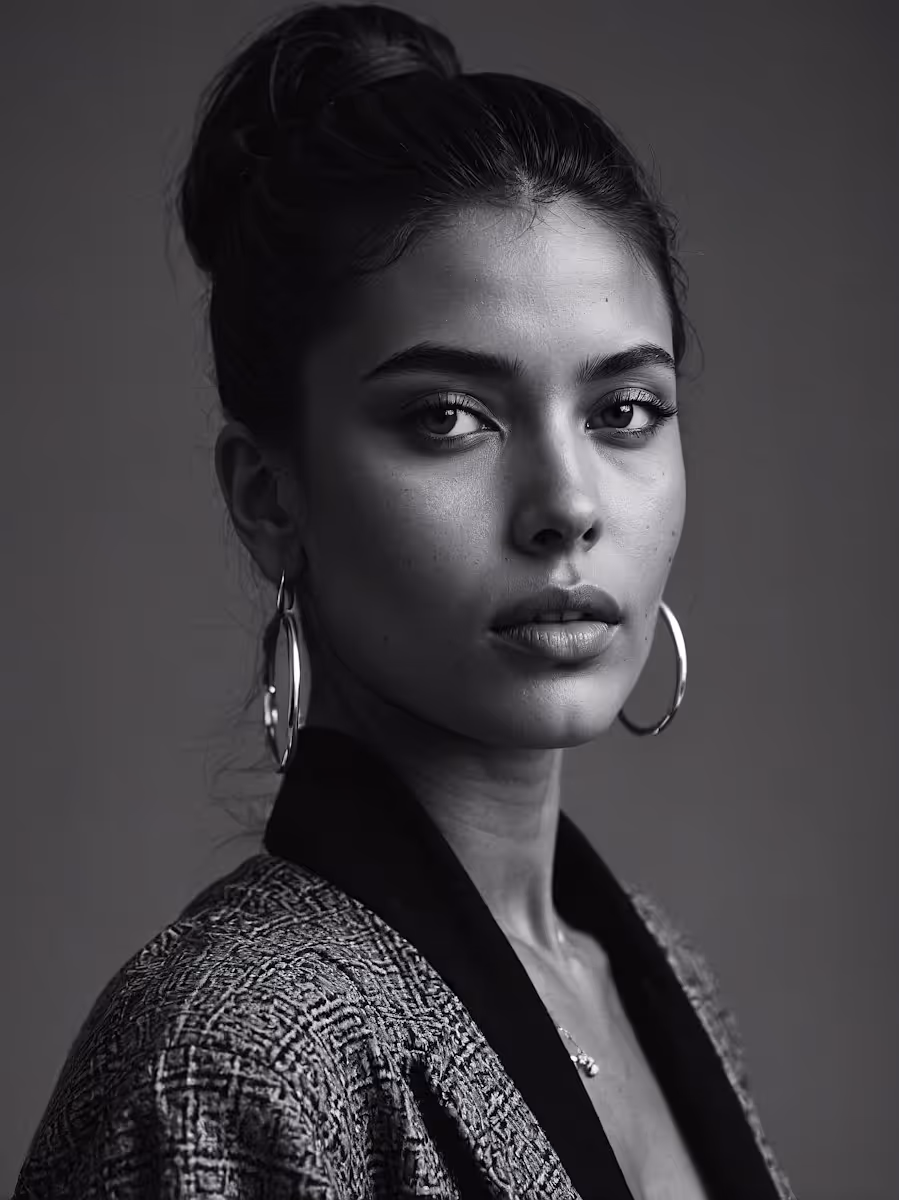 Black and white portrait of a woman with hoop earrings and hair tied up, wearing a textured jacket with a black collar.