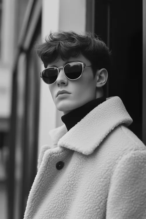Young man wearing sunglasses and a textured coat with a high collar, looking confidently to the side.