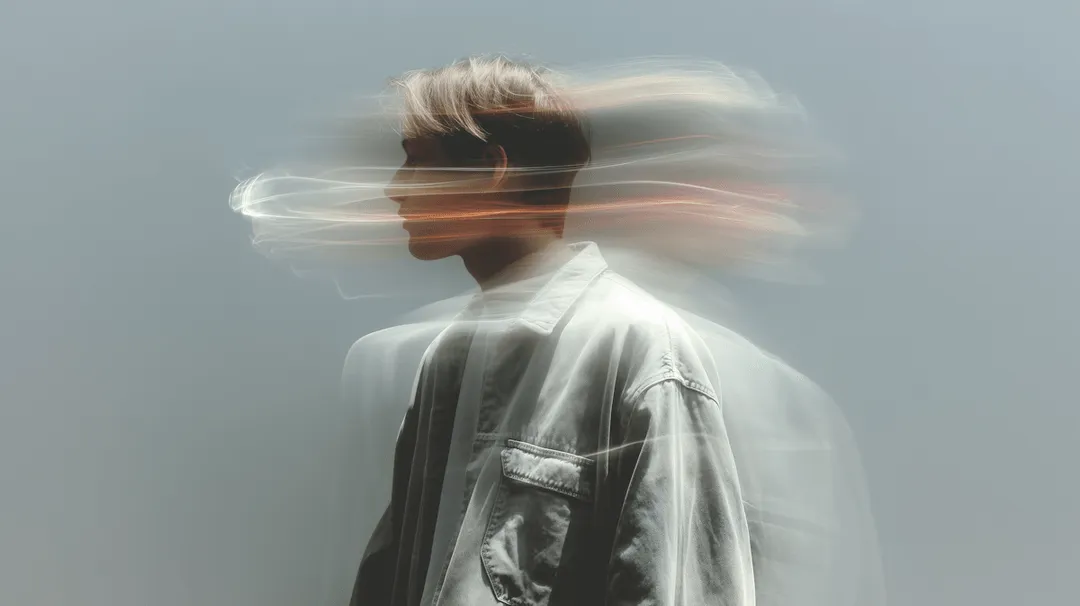 Blurred double exposure of a person in profile with light trails around the head and shoulders.