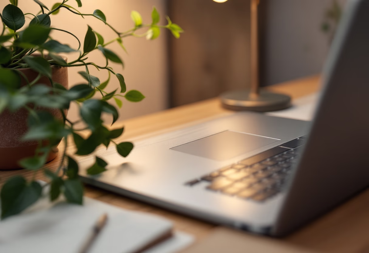 [background image] image of a desk with a laptop and a plant