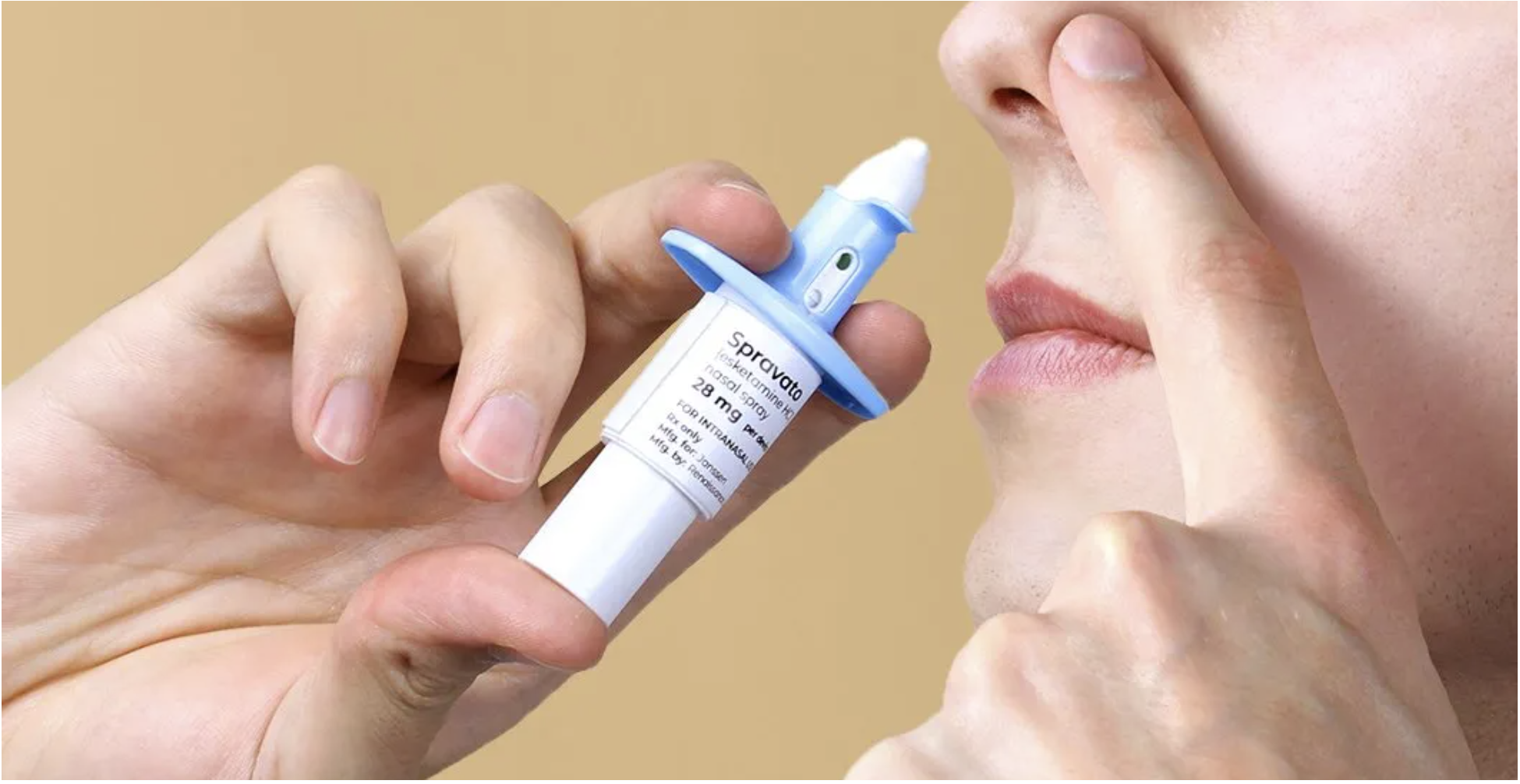 An image of patient using a Spravato (esketamine) nasal applicator