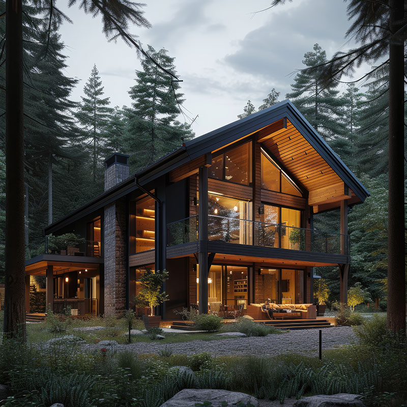 Modern two-story wooden house with large glass windows lit warmly, surrounded by tall pine trees in a forest setting at dusk.