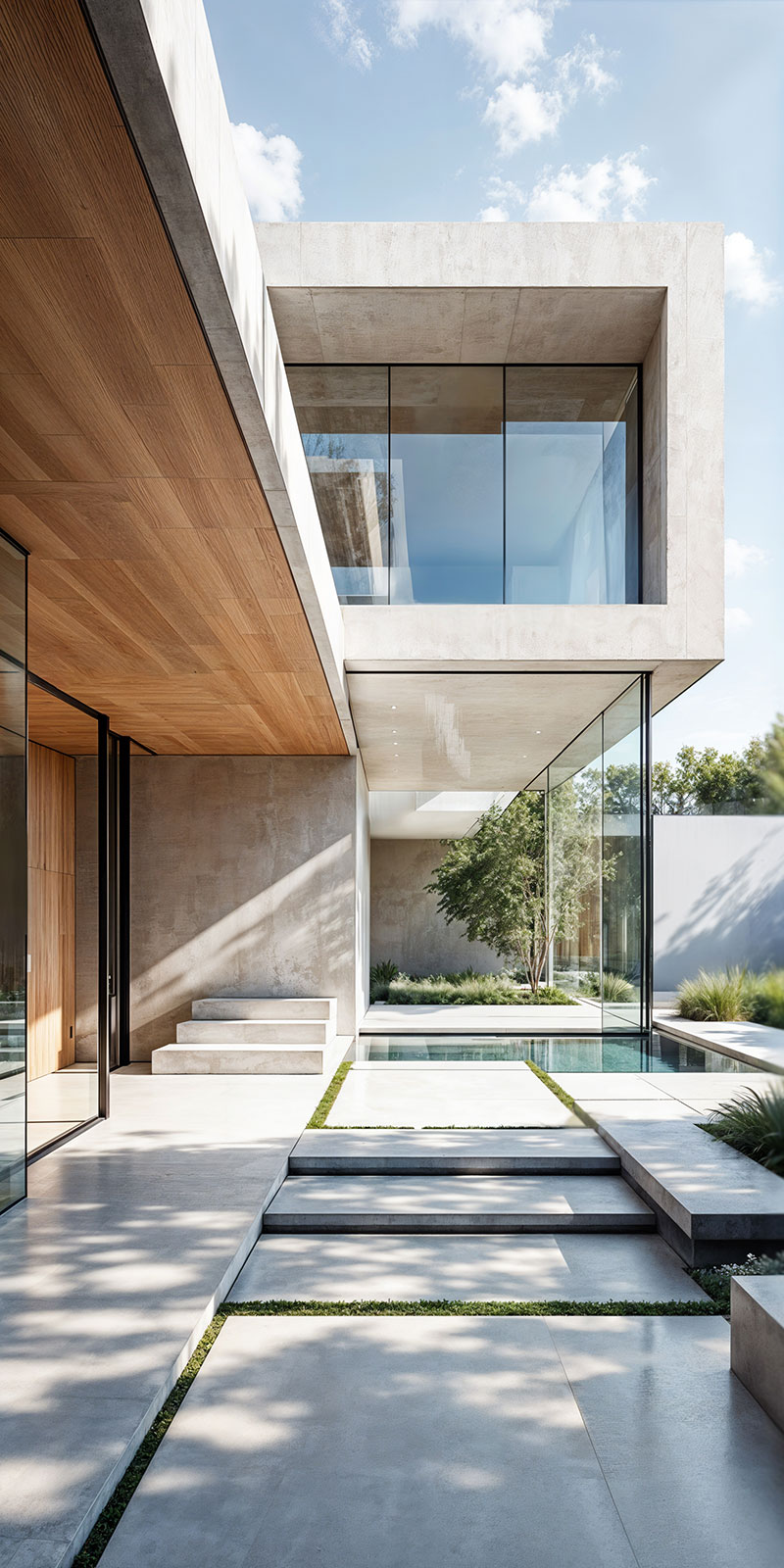 Modern minimalist house patio with concrete flooring, glass walls, wooden ceiling, steps, and a small pool surrounded by greenery.