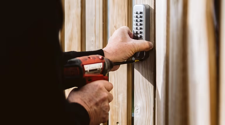One of our Master locksmiths installing a code-access keyless door lock on the door of a kinder. It’s an excellent solution to ensure children cannot enter or exit spaces without adult supervision.