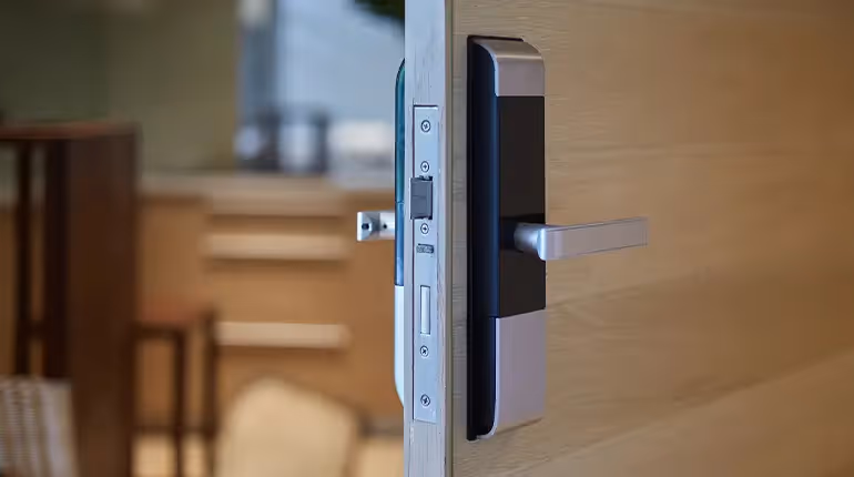 A new digital door lock our locksmiths installed on a Hobart home’s front door after burglards destroyed the last door lock.