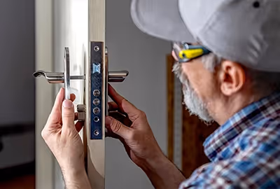 One of our locksmiths carefully installing a new lock on an internal door of a Hobart home.