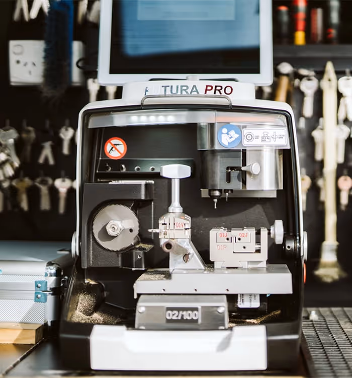 Professional key cutting machine with digital display in workshop