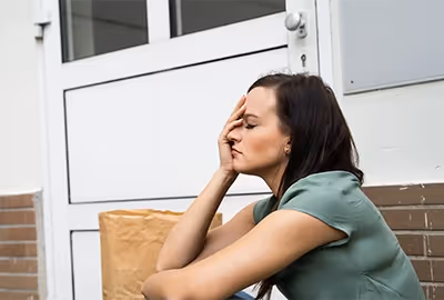 A frustrated woman sitting on her porch with her groceries. She’s accidentally locked herself of our her home. Our lockout locksmiths help Hobart locals get back in ASAP.