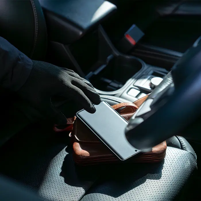 A closeup of a black-gloved hand reaching through a car window to steal a phone and wallet that were left on a car seat.