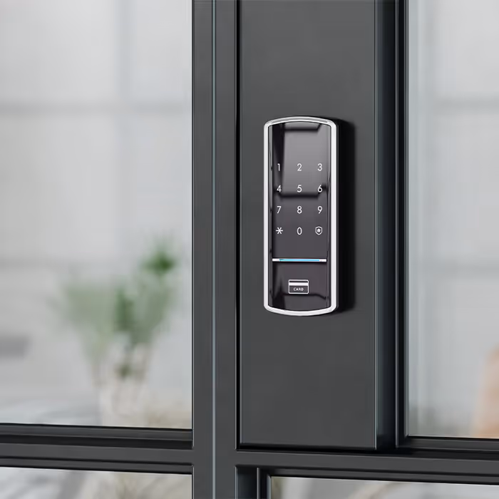 Close-up of digital door lock with a number pad. It’s a safe digital lock option for homes, apartments and businesses.