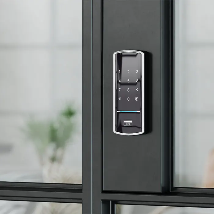 Close-up of digital door lock with a number pad. It’s a safe digital lock option for homes, apartments and businesses.